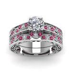 Load image into Gallery viewer, round-cut-antique-filigree-wedding-ring-set-with-pink-sapphire-in-white-gold-FDENS3543ROGSADRPIANGLE5-NL-WG