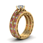 Load image into Gallery viewer, round-cut-antique-filigree-wedding-ring-set-with-pink-sapphire-in-yellow-gold-FDENS3543ROGSADRPIANGLE2-NL-YG
