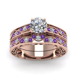 Load image into Gallery viewer, round-cut-antique-filigree-wedding-ring-set-with-purple-amethyst-in-rose-gold-FDENS3543ROGVITOANGLE5-NL-RG