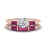 Load image into Gallery viewer, round-cut-bar-set-pink-sapphire-ring-with-matching-3-baguette-wedding-band-in-FDENS100ROGSADRPI-NL-RG