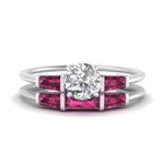 Load image into Gallery viewer, round-cut-bar-set-pink-sapphire-ring-with-matching-3-baguette-wedding-band-in-FDENS100ROGSADRPI-NL-WG