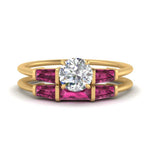Load image into Gallery viewer, round-cut-bar-set-pink-sapphire-ring-with-matching-3-baguette-wedding-band-in-FDENS100ROGSADRPI-NL-YG