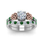 Load image into Gallery viewer, round-cut-celtic-diamond-wedding-ring-set-with-emerald-in-14K-white-gold-FDENS2255B1ROGEMGRANGLE5-NL-WG?v=1757056939