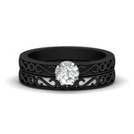 Load image into Gallery viewer, round-cut-filigree-single-stone-diamond-wedding-ring-set-in-black-gold-FDENS3289RO-NL-BG.jpg?v=1763371088