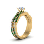 Load image into Gallery viewer, round-cut-simple-diamond-twisted-vine-bridal-ring-sets-with-emerald-in-14K-yellow-gold-FD8233ROGEMGR-NL-YG