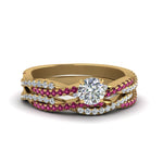 Load image into Gallery viewer, round-cut-simple-diamond-twisted-vine-bridal-ring-sets-with-pink-sapphire-in-14K-yellow-gold-FD8233ROGSADRPI-NL-YG