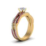 Load image into Gallery viewer, round-cut-simple-diamond-twisted-vine-bridal-ring-sets-with-pink-sapphire-in-14K-yellow-gold-FD8233ROGSADRPI-NL-YG