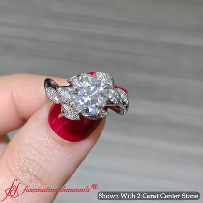 2 Carat Round Diamond Leaf Vine Cluster Engagement Ring