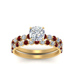 Load image into Gallery viewer, shared-prong-cushion-engagement-and-wedding-ring-set-with-ruby-in-FDENS3023CUGRUDR-NL-YG