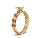 Load image into Gallery viewer, shared-prong-princess-cut-engagement-and-wedding-ring-set-with-orange-sapphire-in-FDENS3023PRGSAOR-NL-YG