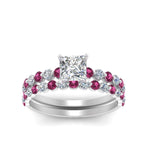 Load image into Gallery viewer, shared-prong-princess-cut-engagement-and-wedding-ring-set-with-pink-sapphire-in-FDENS3023PRGSADRPI-NL-WG
