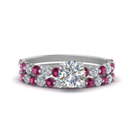 Load image into Gallery viewer, shared-prong-round-engagement-and-wedding-ring-set-with-pink-sapphire-in-FDENS3023ROGSADRPI-NL-WG
