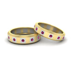 Load image into Gallery viewer, simple-bezel-set-round-couples-anniversary-pink-sapphire-band-in-yellow-gold-FD11147BGSADRPI-NL-YG.jpg