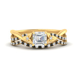 Load image into Gallery viewer, twisted-daisy-asscher-black-diamond-bridal-ring-set-in-yellow-gold-FD9986B2ASGBLACK-NL-YG