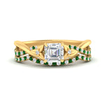 Load image into Gallery viewer, twisted-daisy-asscher-emerald-bridal-ring-set-in-yellow-gold-FD9986B2ASGEMGR-NL-YG