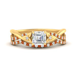 Load image into Gallery viewer, twisted-daisy-asscher-orange-sapphire-bridal-ring-set-in-yellow-gold-FD9986B2ASGSAOR-NL-YG