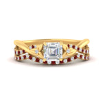 Load image into Gallery viewer, twisted-daisy-asscher-ruby-bridal-ring-set-in-yellow-gold-FD9986B2ASGRUDR-NL-YG
