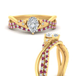 Load image into Gallery viewer, twisted-daisy-pear-pink-sapphire-bridal-ring-set-in-yellow-gold-FD9986B2PEGSADRPI-NL-YG