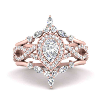 Crown Design Pear Halo Lab Grown Diamond Wedding Set