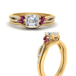 Load image into Gallery viewer, vine-split-band-asscher-cut-diamond-wedding-set-with-pink-sapphire-in-yellow-gold-FDENR3211ASGSADRPIANGLE3-NL-YG