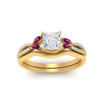 Load image into Gallery viewer, vine-split-band-princess-cut-diamond-wedding-set-with-pink-sapphire-in-yellow-gold-FDENR3211PRGSADRPIANGLE3-NL-YG