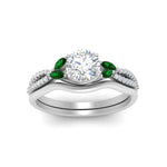 Load image into Gallery viewer, vine-split-band-round-cut-diamond-wedding-set-with-emerald-in-white-gold-FDENR3211ROGEMGRANGLE3-NL-WG.jpg