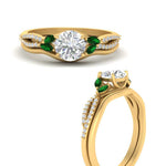 Load image into Gallery viewer, vine-split-band-round-cut-diamond-wedding-set-with-emerald-in-yellow-gold-FDENR3211ROGEMGRANGLE3-NL-YG.jpg