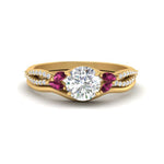 Load image into Gallery viewer, vine-split-band-round-cut-diamond-wedding-set-with-pink-sapphire-in-yellow-gold-FDENR3211ROGSADRPIANGLE3-NL-YG.jpg