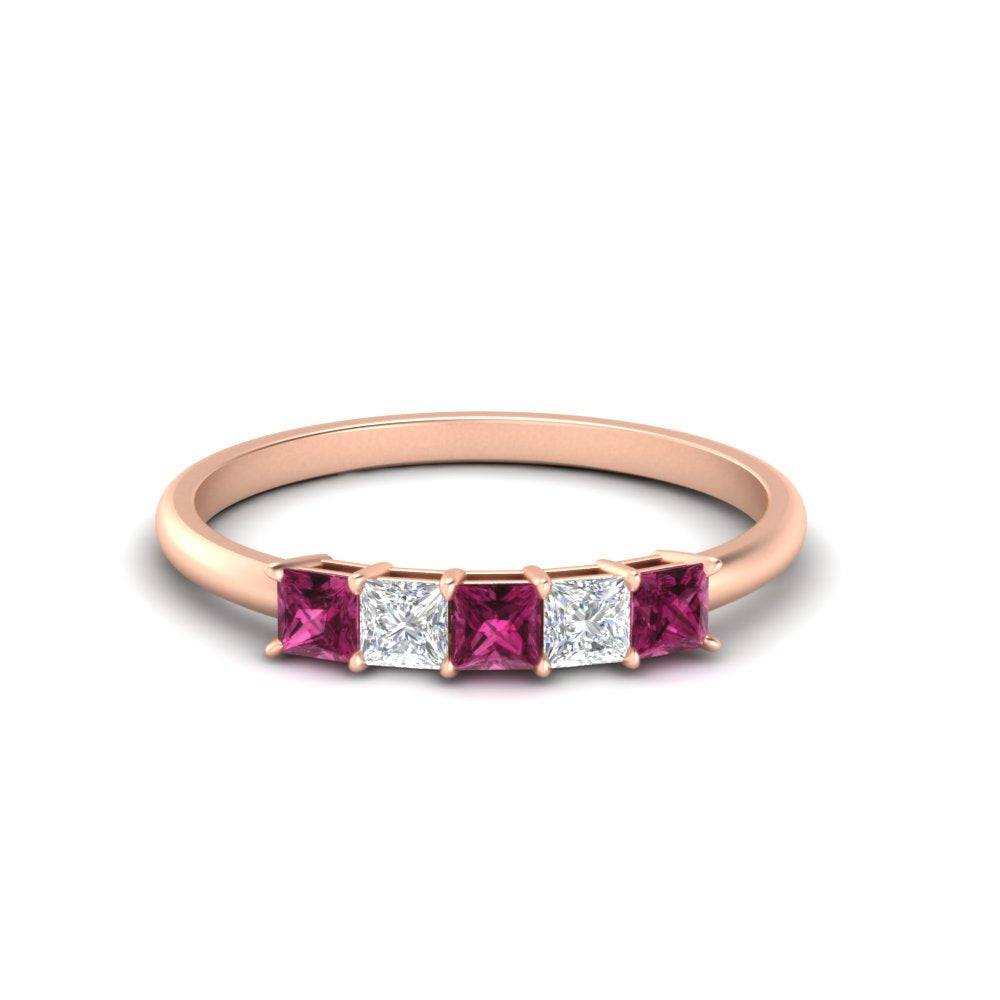 0.25-carat-princess-cut-5-stone-with-pink-sapphire-wedding-band-in-rose-gold-FD8008PRBGSADRPI-0.25CT-NL-RG