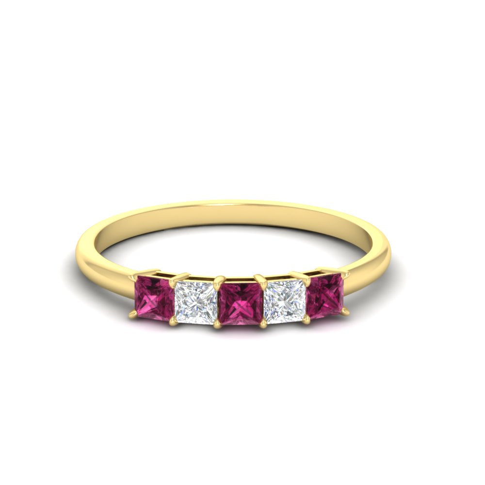 0.25-carat-princess-cut-5-stone-with-pink-sapphire-wedding-bandin-yellow-gold-FD8008PRBGSADRPI-0.25CT-NL-YG