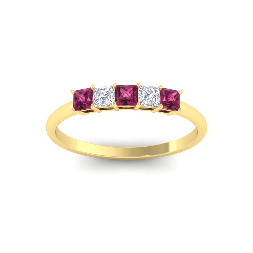 0.25-carat-princess-cut-5-stone-with-pink-sapphire-wedding-bandin-yellow-gold-FD8008PRBGSADRPI-0.25CT-NL-YG
