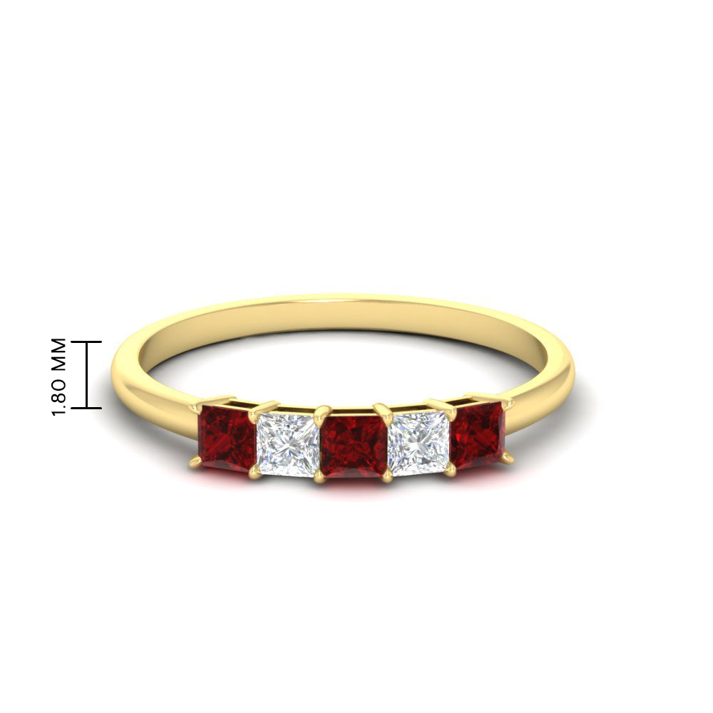 0.25-carat-princess-cut-5-stone-with-ruby-wedding-bandin-yellow-gold-FD8008PRBGRUDR-0.25CT-NL-YG