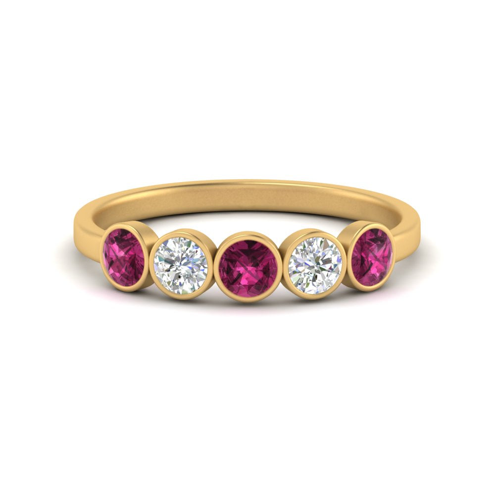 0.75-carat-five-round-pink-sapphire-bezel-set-wedding-ring-in-FD10558B-0.15CTGSADRPI-NL-YG