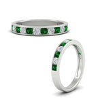 Load image into Gallery viewer, 0.75-carat-round-diamond-channel-set-anniversary-ring-with-emerald-in-white-gold-FDWB5242ROGEMGRANGLE3-0.75CT-NL-WG
