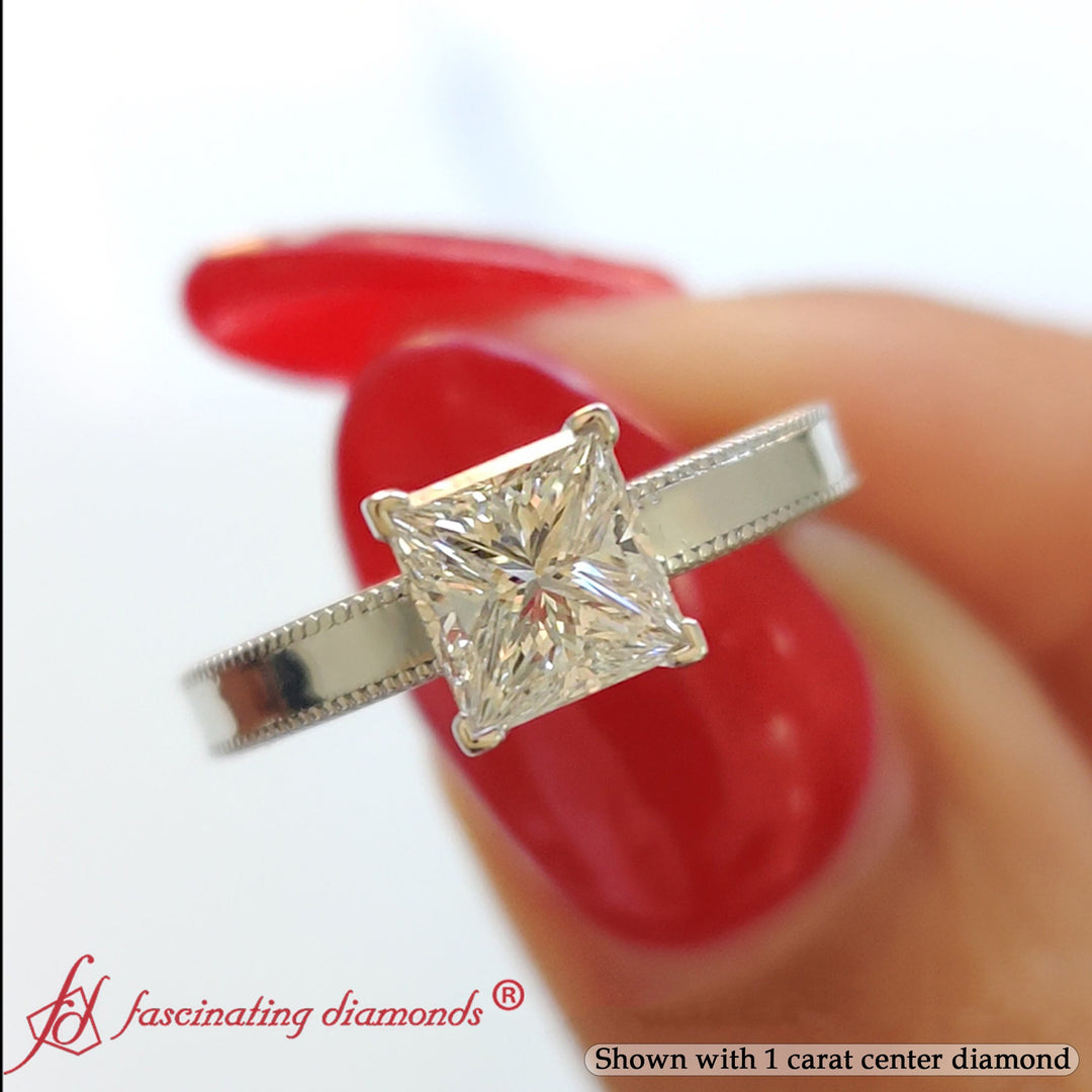 Single Stone Princess Cut Milgrain Engagement Ring