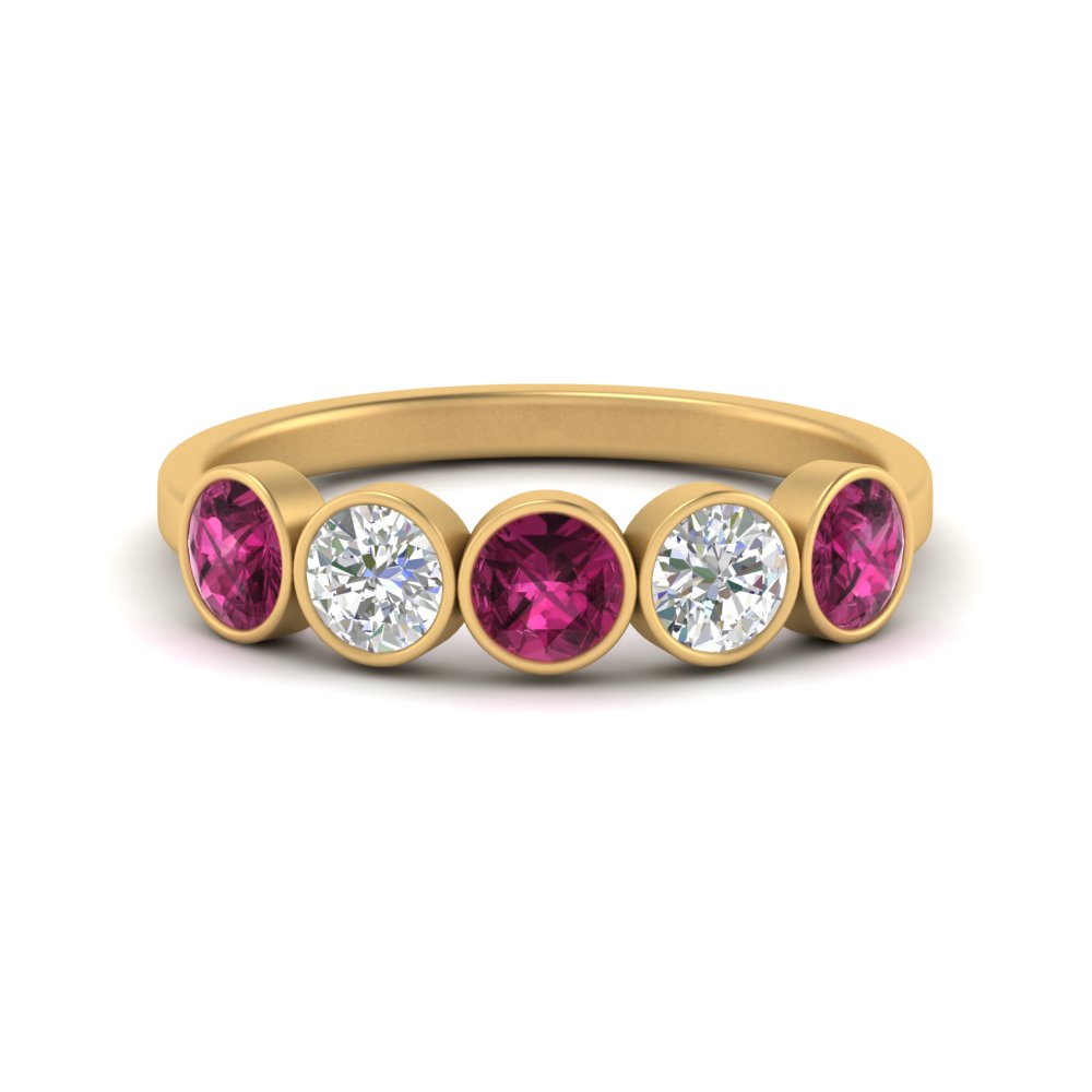 1.25-carat-bezel-set-5-round-pink-sapphire-wedding-ring-in-FD10558B-0.25CTGSADRPI-NL-YG