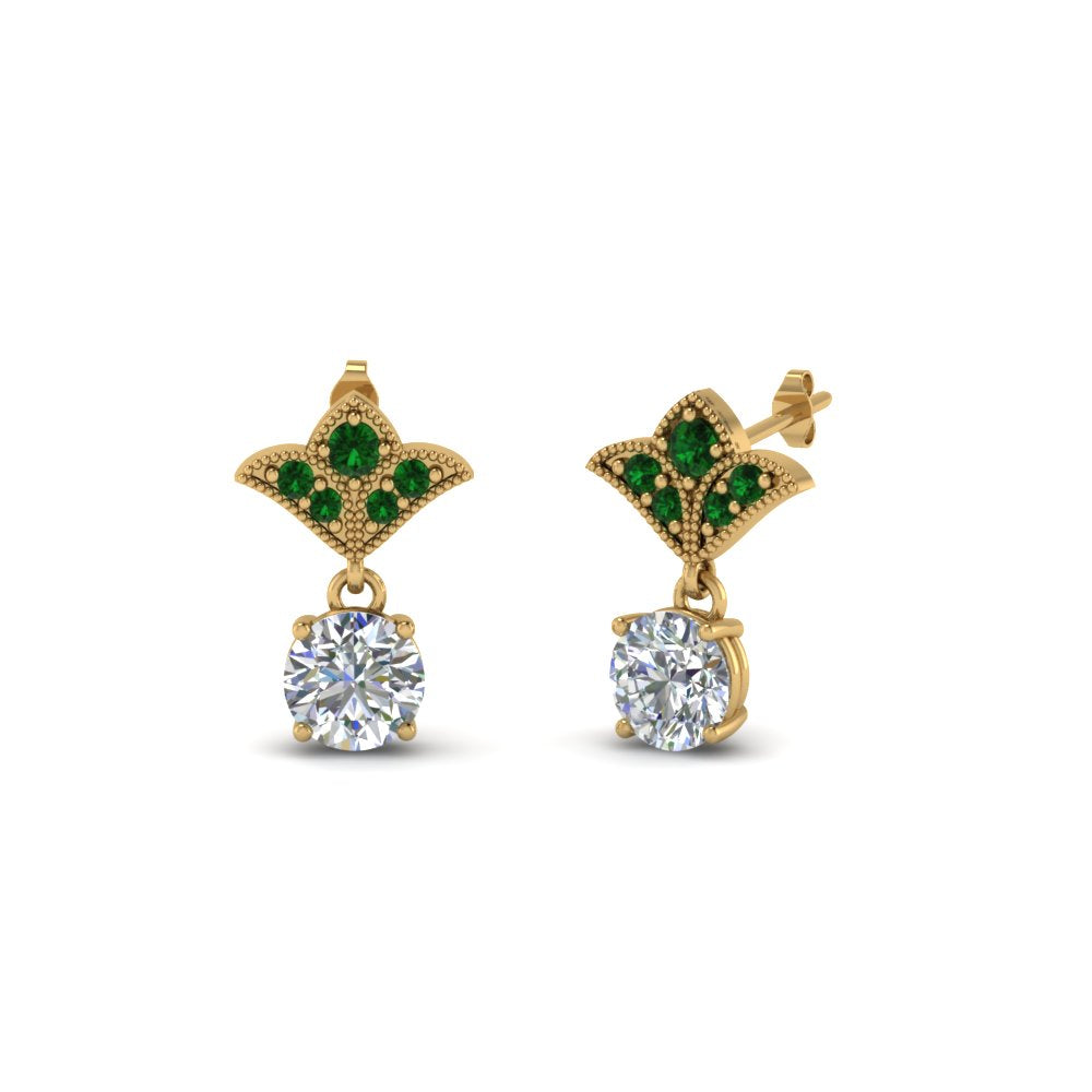 1.5-ct.-round-vintage-look-diamond-earring-with-emerald-in-14K-yellow-gold-FDEAR8425-0.75CTGEMGR-NL-YG