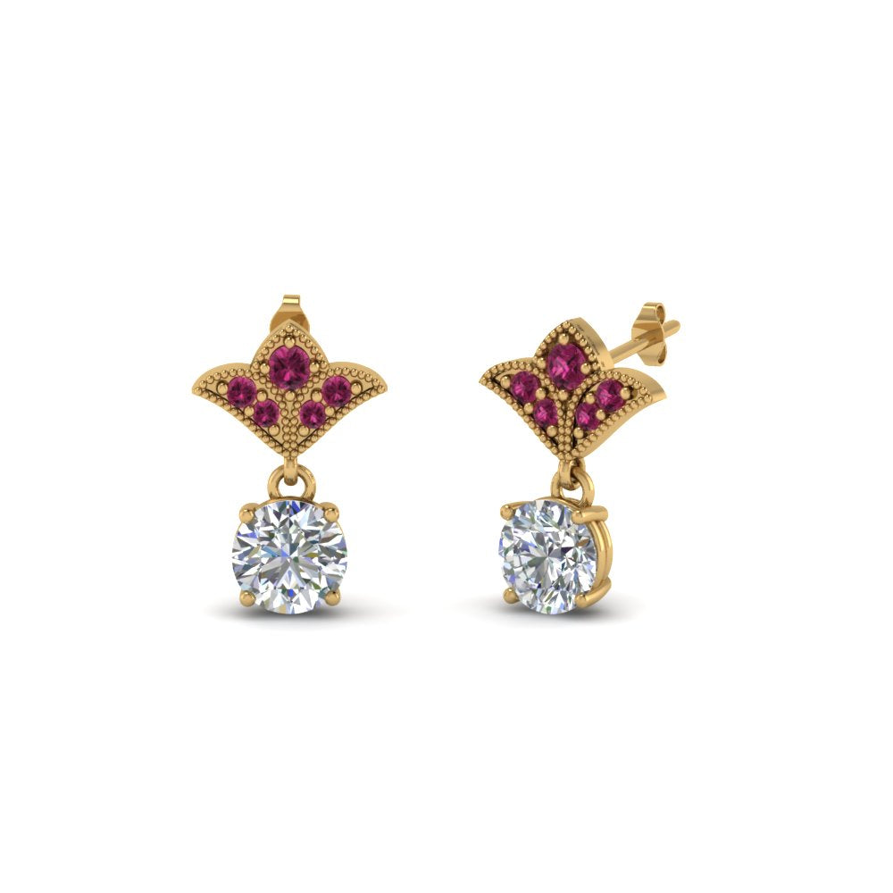 1.5-ct.-round-vintage-look-diamond-earring-with-pink-sapphire-in-14K-yellow-gold-FDEAR8425-0.75CTGSADRPI-NL-YG