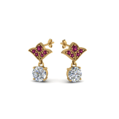 1.5-ct.-round-vintage-look-diamond-earring-with-pink-sapphire-in-14K-yellow-gold-FDEAR8425-0.75CTGSADRPI-NL-YG