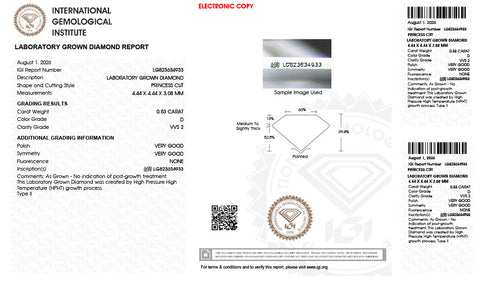 IGI Certified 0.53 Carat Princess Cut Lab Created Diamond VVS2 D