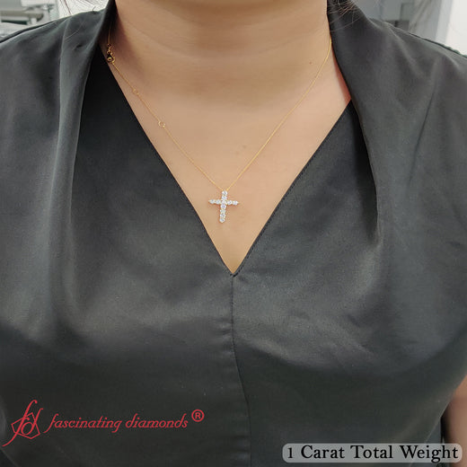 1+Carat+Diamond+Simple+Cross+Pendant+with+Lab+Diamond+In+14K+Yellow+Gold-FDPD10825-1.00+CT-1+1