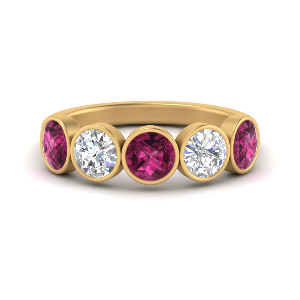 2-carat-five-round-pink-sapphire-bezel-set-wedding-ring-in-FD10558B-0.40CTGSADRPI-NL-YG