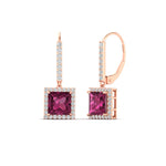 Load image into Gallery viewer, 2-carat-halo-diamond-lever-back-princess-cut-earrings-with-pink-sapphire-in-rose-gold-FDEAR-11235PRGSADRPI-2.00CT-NL-RG.jpg
