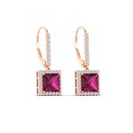 Load image into Gallery viewer, 2-carat-halo-diamond-lever-back-princess-cut-earrings-with-pink-sapphire-in-rose-gold-FDEAR-11235PRGSADRPI-2.00CT-NL-RG.jpg
