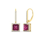 Load image into Gallery viewer, 2-carat-halo-diamond-lever-back-princess-cut-earrings-with-pink-sapphire-in-yellow-gold-FDEAR-11235PRGSADRPI-2.00CT-NL-YG.jpg
