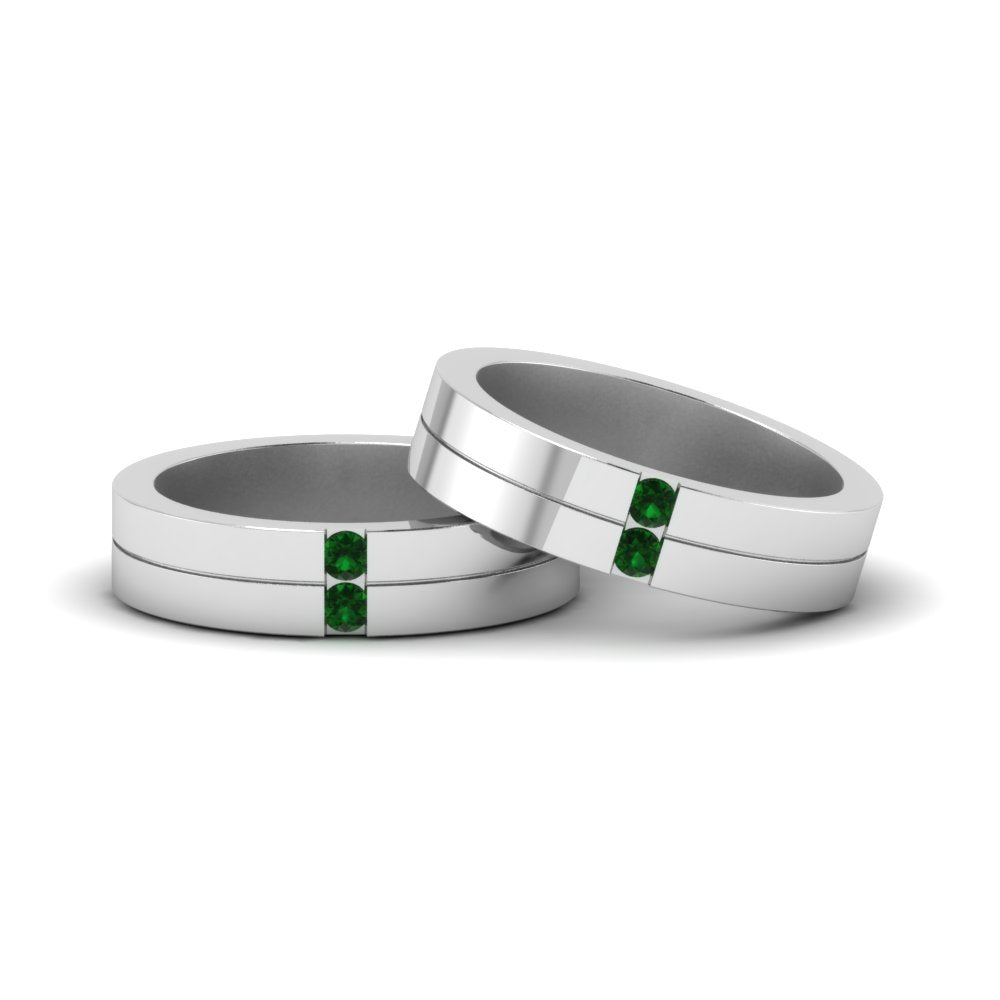 2-stone-diamond-unisex-wedding-bands-with-emerald-in-14K-white-gold-FDLG1052BGEMGR-NL-WG