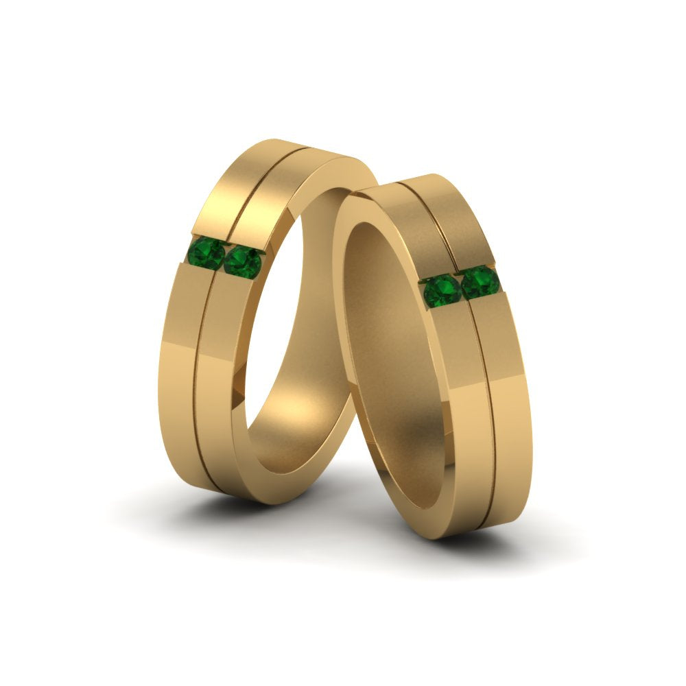 2-stone-diamond-unisex-wedding-bands-with-emerald-in-14K-yellow-gold-FDLG1052BGEMGR-NL-YG