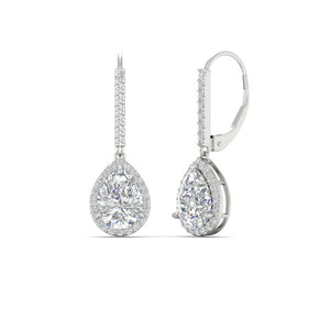 3 Carat Pear Shaped Halo Leverback Drop Earrings
