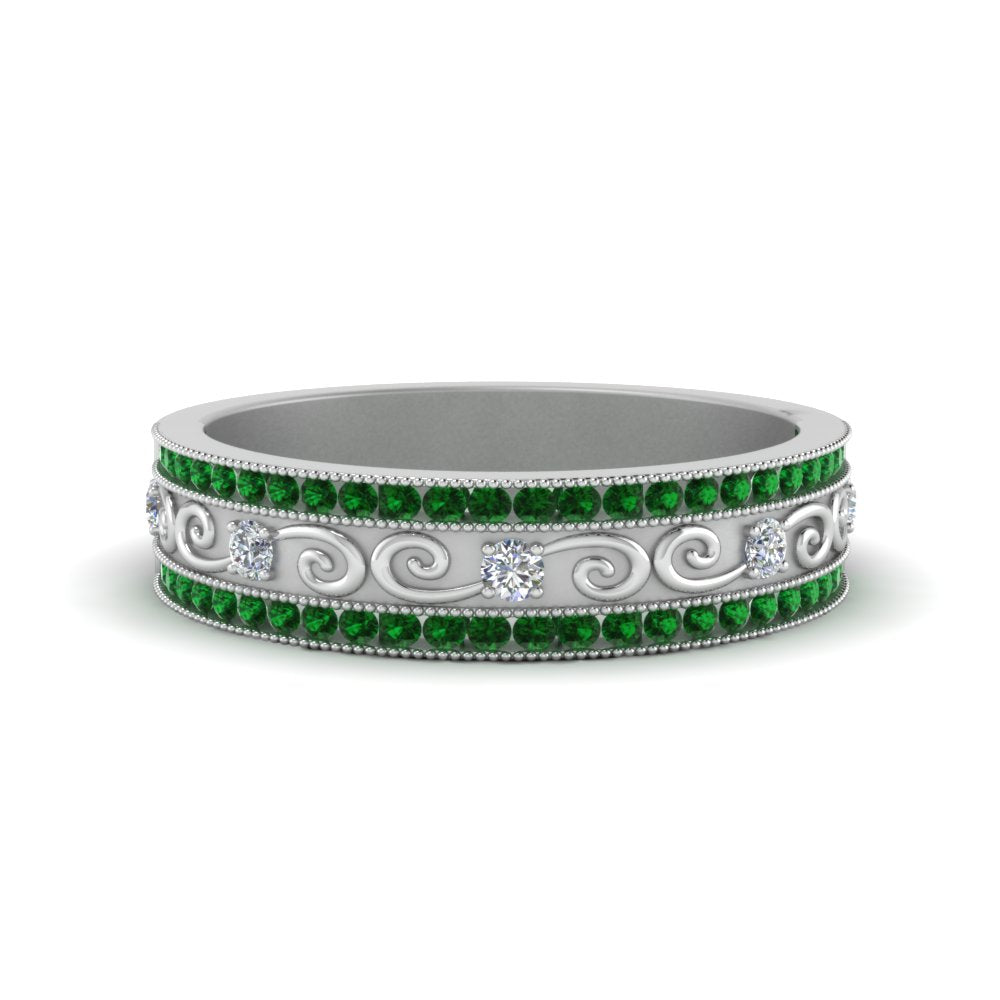 3-row-vine-vintage-diamond-wedding-ring-with-emerald-in-white-gold-FDB8627GEMGR-NL-WG