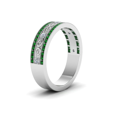 3-row-vine-vintage-diamond-wedding-ring-with-emerald-in-white-gold-FDB8627GEMGR-NL-WG